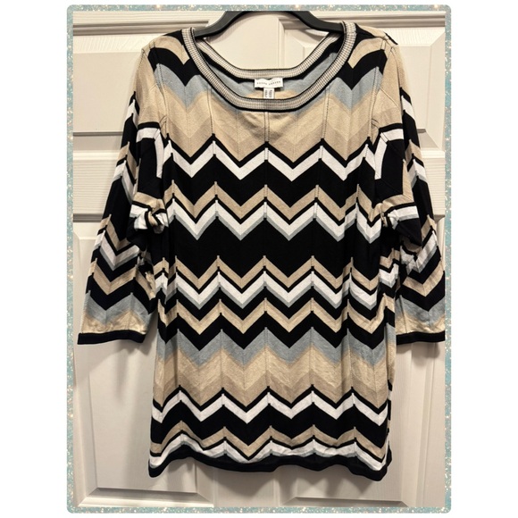 Susan Graver Sweaters - Susan Graver 🫐 Striped Sweater in Black, White, and Tan